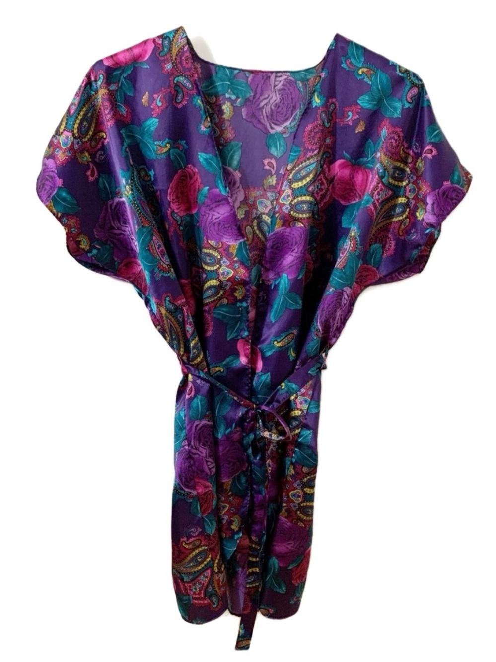 Unbranded Kimono Like Silky Floral Paisley Patterned Bathrobe Self Tie Belt 🟪🩷